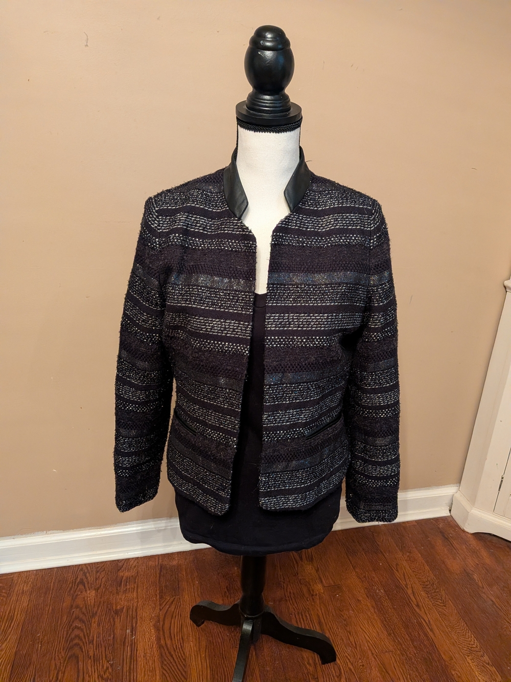 Black Label by Chicos Womens Black Textured Open-Front Jacket. Sz Small